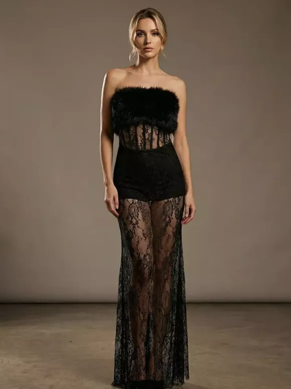 Sexy Faux Fur Lace Maxi Dress For Women - Black Strapless Corset Bodysuit Long Gown With Sheer Skirt - Summer Evening Party 2026