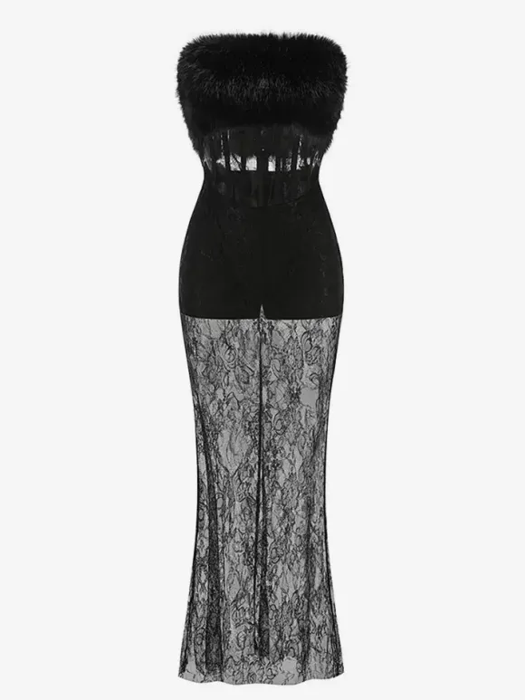 Sexy Faux Fur Lace Maxi Dress For Women - Black Strapless Corset Bodysuit Long Gown With Sheer Skirt - Summer Evening Party 2026