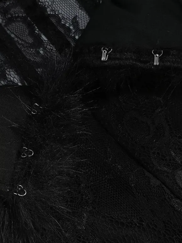 Sexy Faux Fur Lace Maxi Dress For Women - Black Strapless Corset Bodysuit Long Gown With Sheer Skirt - Summer Evening Party 2026