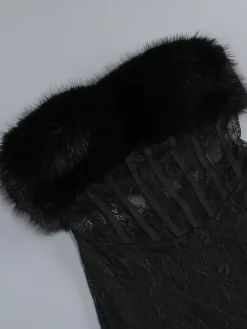 Sexy Faux Fur Lace Maxi Dress For Women - Black Strapless Corset Bodysuit Long Gown With Sheer Skirt - Summer Evening Party 2026