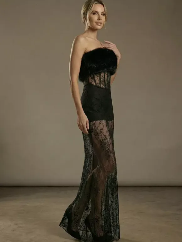 Sexy Faux Fur Lace Maxi Dress For Women - Black Strapless Corset Bodysuit Long Gown With Sheer Skirt - Summer Evening Party 2026