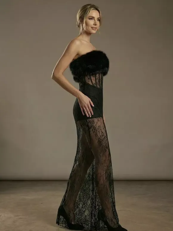 Sexy Faux Fur Lace Maxi Dress For Women - Black Strapless Corset Bodysuit Long Gown With Sheer Skirt - Summer Evening Party 2026
