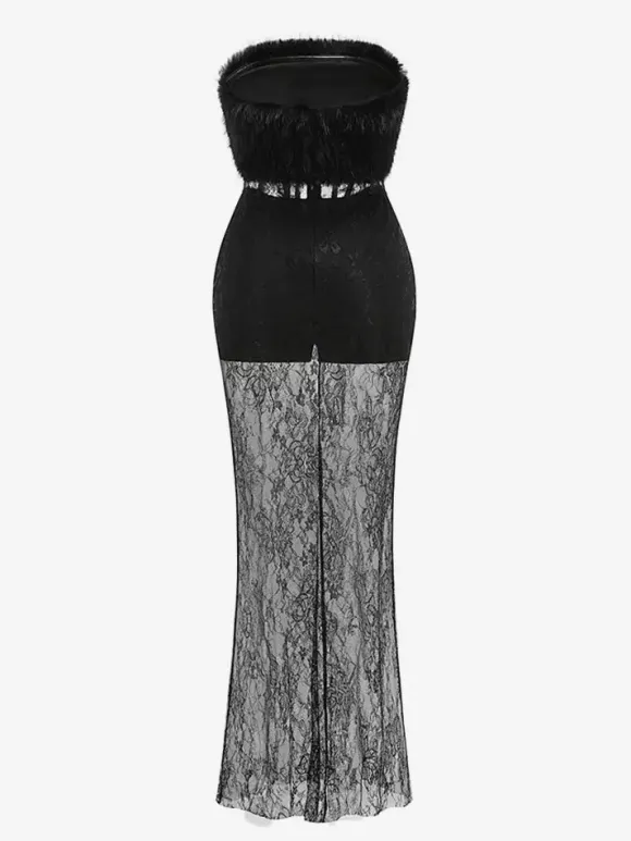 Sexy Faux Fur Lace Maxi Dress For Women - Black Strapless Corset Bodysuit Long Gown With Sheer Skirt - Summer Evening Party 2026