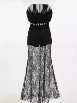 Sexy Faux Fur Lace Maxi Dress For Women - Black Strapless Corset Bodysuit Long Gown With Sheer Skirt - Summer Evening Party 2026