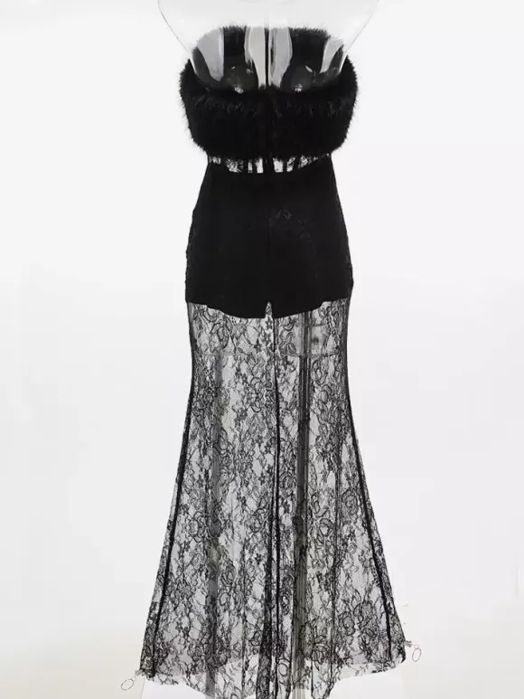 Sexy Faux Fur Lace Maxi Dress For Women - Black Strapless Corset Bodysuit Long Gown With Sheer Skirt - Summer Evening Party 2026