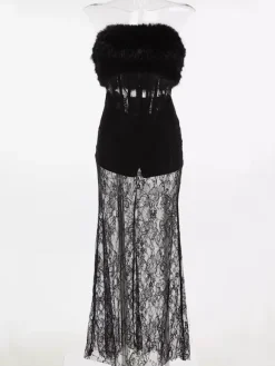 Sexy Faux Fur Lace Maxi Dress For Women - Black Strapless Corset Bodysuit Long Gown With Sheer Skirt - Summer Evening Party 2026