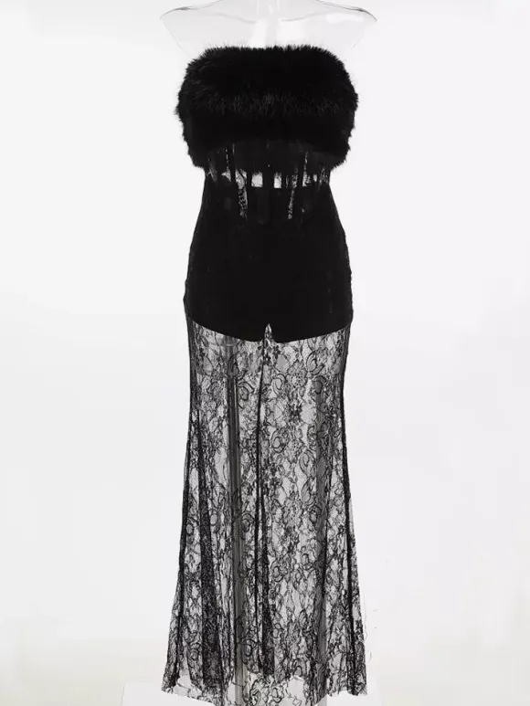 Sexy Faux Fur Lace Maxi Dress For Women - Black Strapless Corset Bodysuit Long Gown With Sheer Skirt - Summer Evening Party 2026