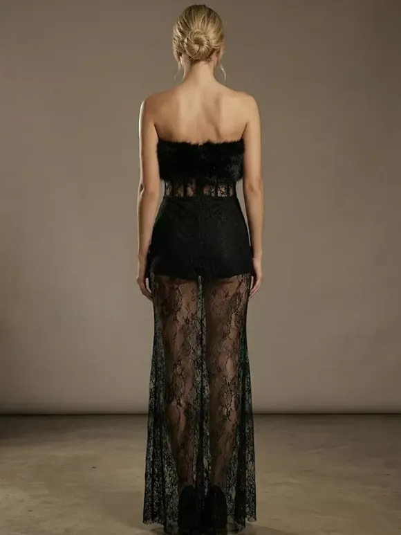 Sexy Faux Fur Lace Maxi Dress For Women - Black Strapless Corset Bodysuit Long Gown With Sheer Skirt - Summer Evening Party 2026