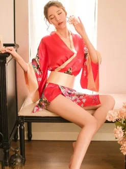 Sexy Kimono For Women Charming Floral Print Black Bedroom Costume 3-Piece Set