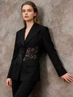 Sexy Lace Patchwork Blazer For Women - Black Gothic Sheer Mesh Waist Slim Fit Suit Jacket - Spring Evening Party 2026