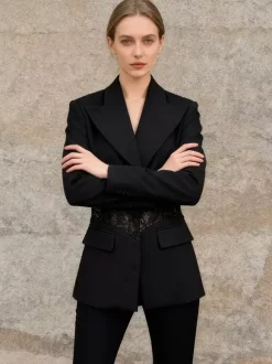 Sexy Lace Patchwork Blazer For Women - Black Gothic Sheer Mesh Waist Slim Fit Suit Jacket - Spring Evening Party 2026