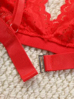Sexy Lingerie 2-Piece Floral Print Sheer Buttons Pink Bra Panty Sets