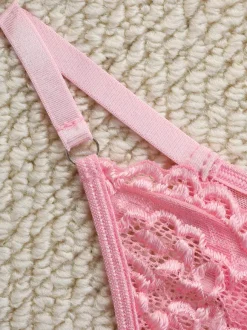 Sexy Lingerie 2-Piece Floral Print Sheer Buttons Pink Bra Panty Sets