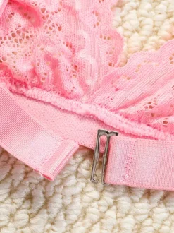 Sexy Lingerie 2-Piece Floral Print Sheer Buttons Pink Bra Panty Sets