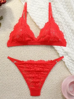 Sexy Lingerie 2-Piece Floral Print Sheer Buttons Pink Bra Panty Sets