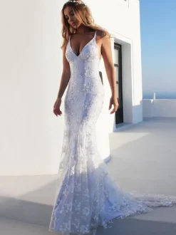 Sexy Mermaid Wedding Dress White V-Neck Backless Lace Bridal Dresses Free Customization