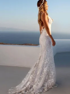Sexy Mermaid Wedding Dress White V-Neck Backless Lace Bridal Dresses Free Customization