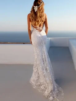 Sexy Mermaid Wedding Dress White V-Neck Backless Lace Bridal Dresses Free Customization