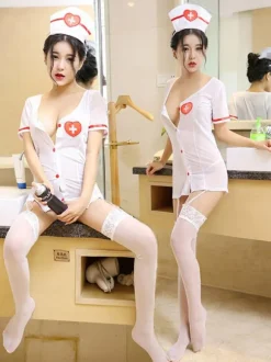 Sexy Nurse Costume Halloween White 3 Piece Women Costume Set