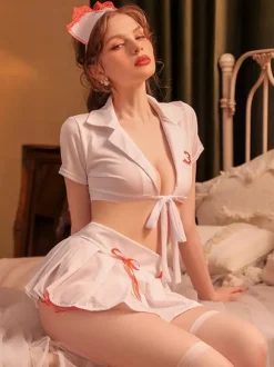 Sexy Nurse Costume Halloween White Women's Polyester T-back Top