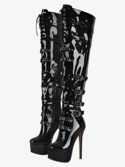 Sexy Platform Over The Knee Boots Buckle Detail Stiletto Heel Thigh High Boots