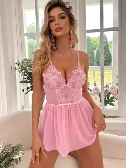 Sexy Sleep Embroidered Semi-Sheer Pink Babydolls & Chemises
