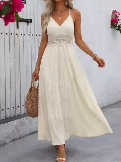 Sexy Vacation Dress Cream Color Maxi Dress With Lace Waist Ideal For Summer Holidays