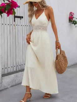 Sexy Vacation Dress Cream Color Maxi Dress With Lace Waist Ideal For Summer Holidays