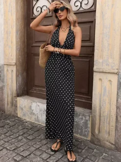 Sexy V Neck Polka Dot Maxi Dress With Halter Design Ideal For Vacation Street Style