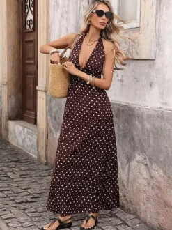 Sexy V Neck Polka Dot Maxi Dress With Halter Design Ideal For Vacation Street Style