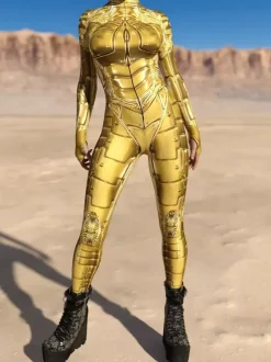 Sexy Womens Bodysuit Cyberpunk Optical Illusion Robot Print Metallic Zentai Costumes