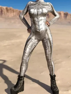Sexy Womens Bodysuit Cyberpunk Optical Illusion Robot Print Metallic Zentai Costumes