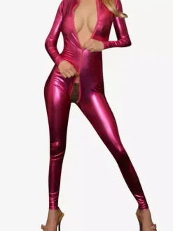 Sexy Zentai Suits Morph Suit Sexy Rose Red Shiny Metallic Fabric Catsuit with Front Zipper Full Body Suit
