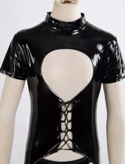 Sexy Zentai Suits Sexy Catsuit Cut Out Shiny Black Crotchless PVC Bodysuit For Women's Gimp Suit
