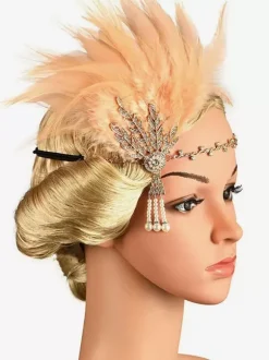 1920s Great Gatsby Accessory Flapper Headband Red Feathers Rhinestone Hairpiece
