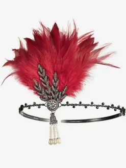 1920s Great Gatsby Accessory Flapper Headband Red Feathers Rhinestone Hairpiece