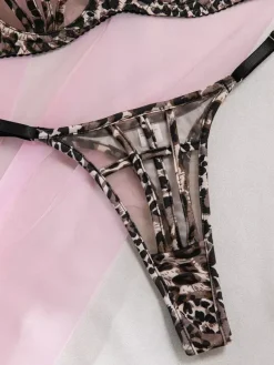 Shaping Lingerie Lace Up Leopard Print Brown 2-Piece Bra Panty 2-Piece Sets
