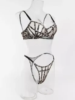 Shaping Lingerie Lace Up Leopard Print Brown 2-Piece Bra Panty 2-Piece Sets