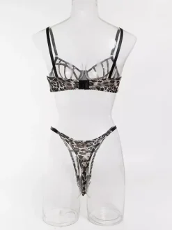 Shaping Lingerie Lace Up Leopard Print Brown 2-Piece Bra Panty 2-Piece Sets