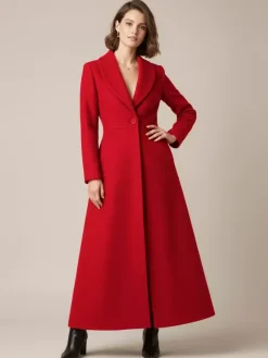 Shawl Collar Full-Length Woolen Coat With A-Line And V-Neck For Women 2026