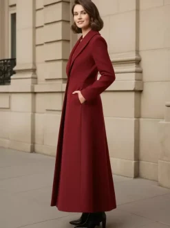 Shawl Collar Full-Length Woolen Coat With A-Line And V-Neck For Women 2026