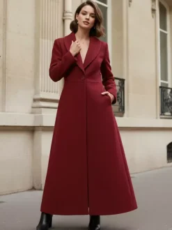 Shawl Collar Full-Length Woolen Coat With A-Line And V-Neck For Women 2026