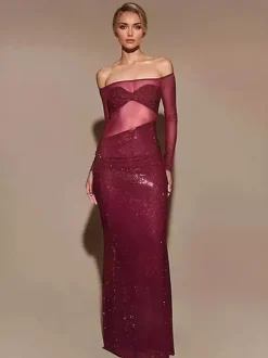 Sheer Bodycon Long Dress with Asymmetrical Cut Off-Shoulder Long Sleeve Sexy Club Dress For Women 2026