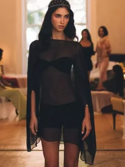 Sheer Chiffon Batwing Sleeve Cape Beach Cover Up