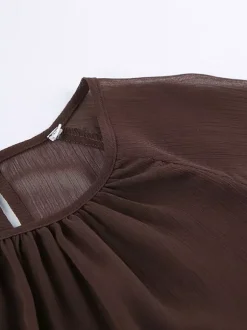 Sheer Chiffon Blouse Women's Flare Sleeve Top - Brown Boho Ruffle Tiered Loose Fit - Spring Party Night 2026