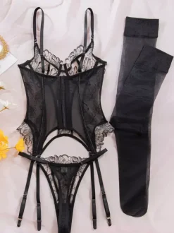 Sheer Floral Lace Garter Corset Lingerie 3-Piece Set