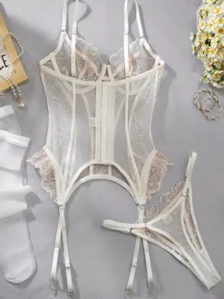 Sheer Floral Lace Garter Corset Lingerie 3-Piece Set