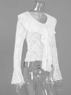 Sheer Floral Lace Women Blouse - White Elegant V-Neck Bell Sleeve Top - Coquette Fairycore Spring Date Night Wear 2026