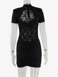 Sheer Lace Cut Out Bodycon Dress For Women - Black Gothic Chic Ruched Mini Sheath Dress - Summer Night Out Party 2026