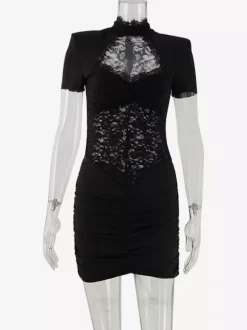Sheer Lace Cut Out Bodycon Dress For Women - Black Gothic Chic Ruched Mini Sheath Dress - Summer Night Out Party 2026